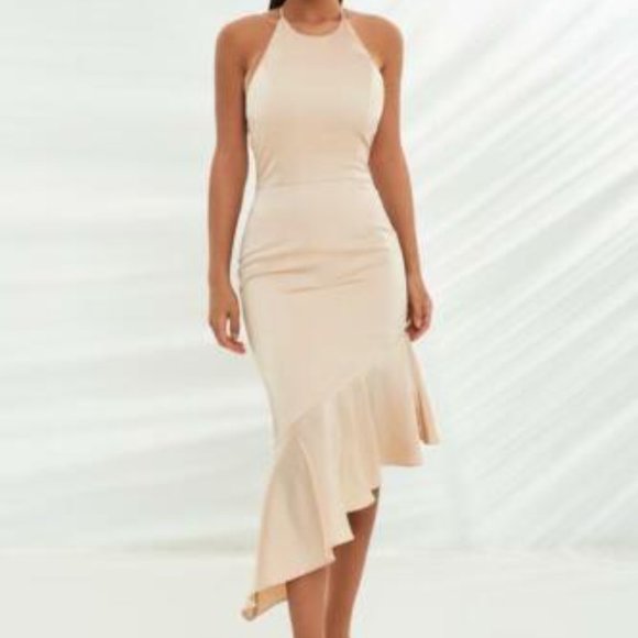 Lavish Alice Asymmetric Backless Bodycon Midi Dress Champagne Satin Size 8 - Picture 13 of 14